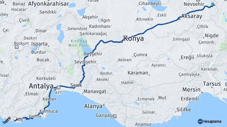 Nevşehir Ürgüp Kaş Antalya Arası Kaç Km - Yol Haritası