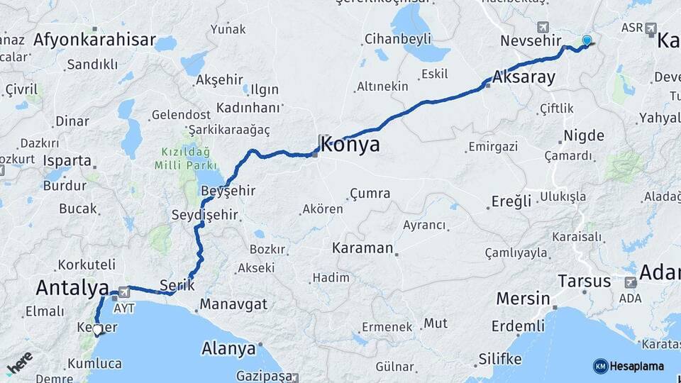 Nevşehir Ürgüp Kemer Antalya Arası Kaç Km - Yol Haritası
