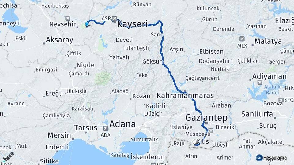 Nevşehir Ürgüp Kilis Arası Kaç Km - Yol Haritası