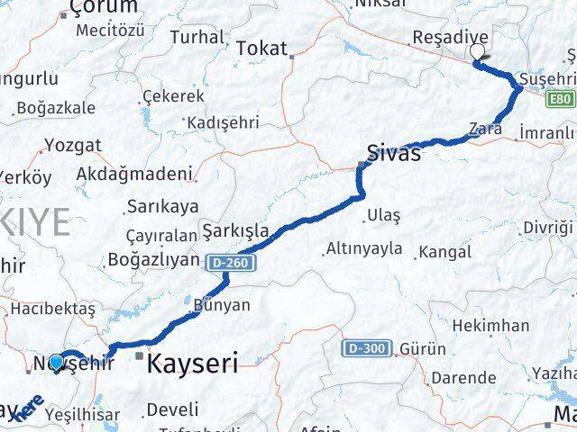 Nevşehir Ürgüp Koyulhisar Sivas Arası Kaç Km - Yol Haritası