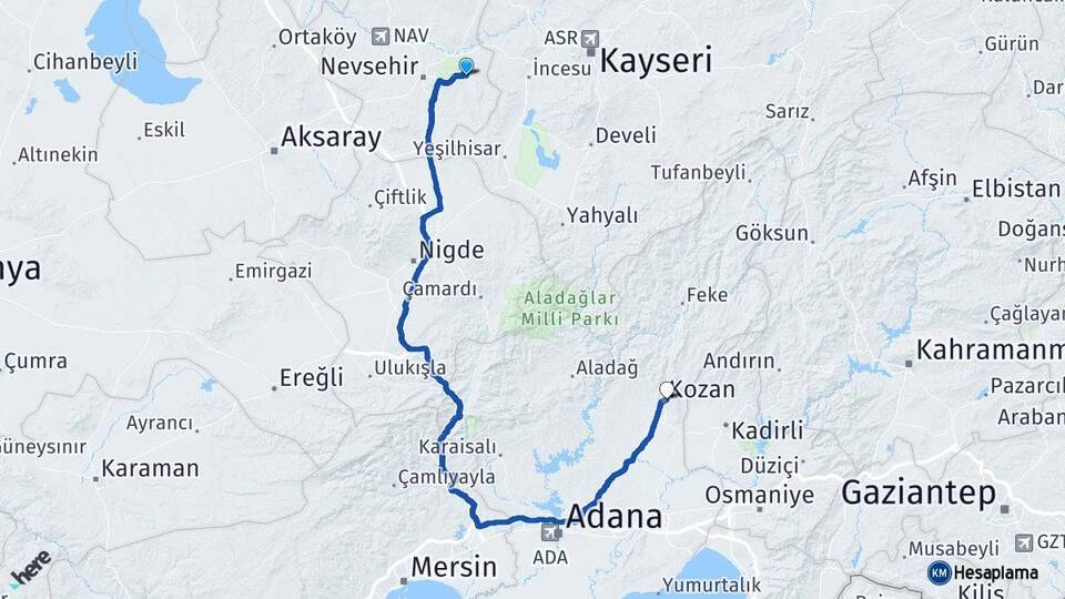Nevşehir Ürgüp Kozan Adana Arası Kaç Km - Yol Haritası