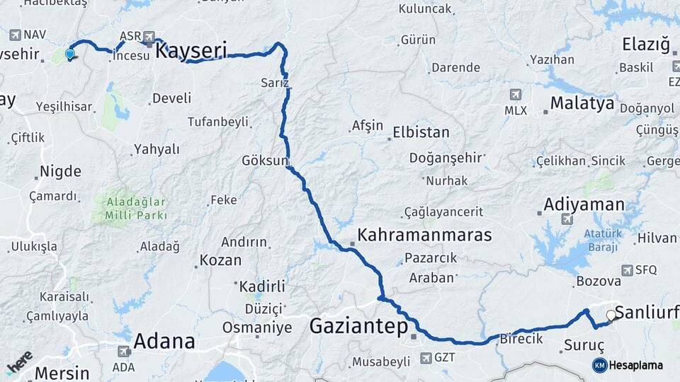 Nevşehir Ürgüp Şanlıurfa Arası Kaç Km - Yol Haritası