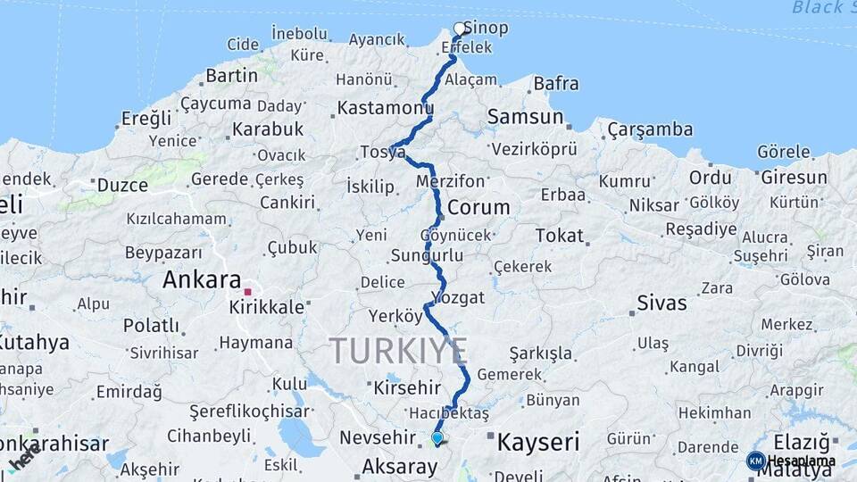 Nevşehir Ürgüp Sinop Arası Kaç Km - Yol Haritası
