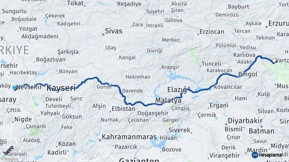 Nevşehir Varto Muş Arası Kaç Km - Yol Haritası