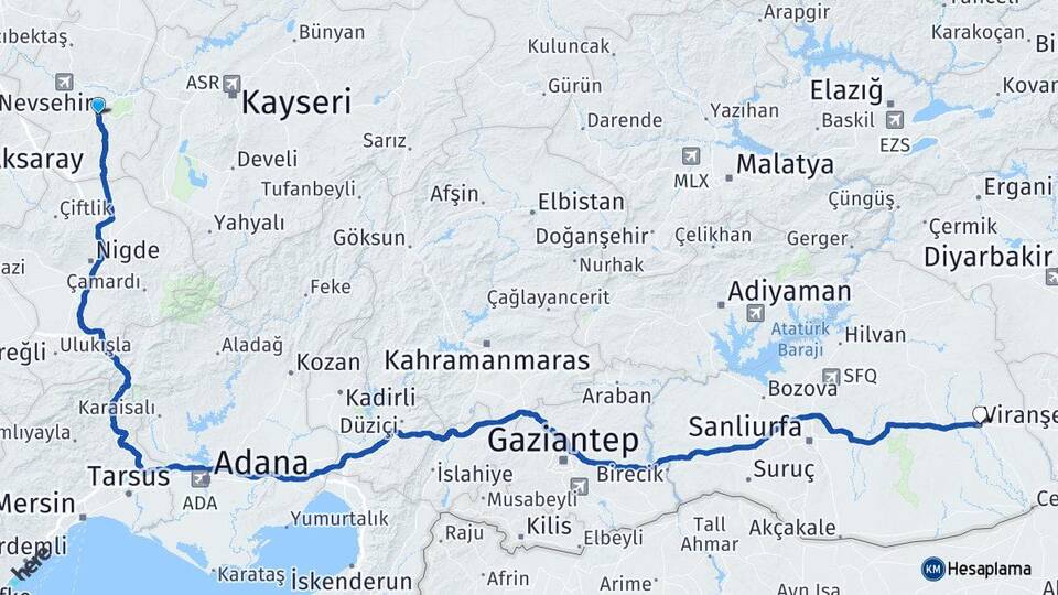 Nevşehir Viranşehir Şanlıurfa Arası Kaç Km - Yol Haritası