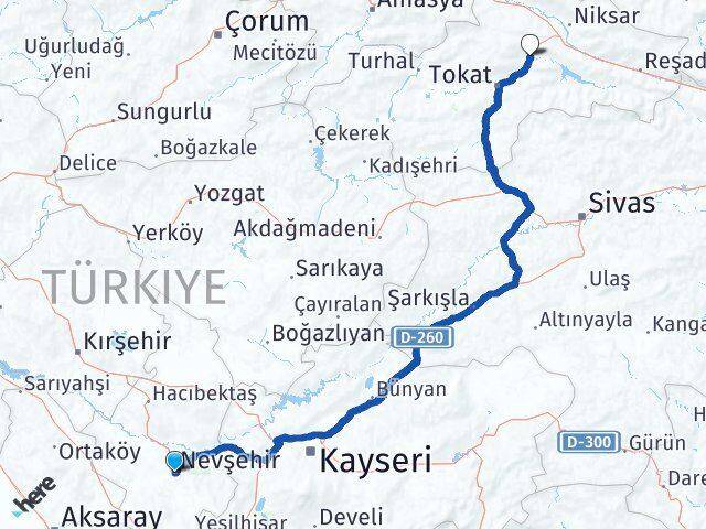 Nevşehir Yazıbaşı Tokat Arası Kaç Km - Yol Haritası