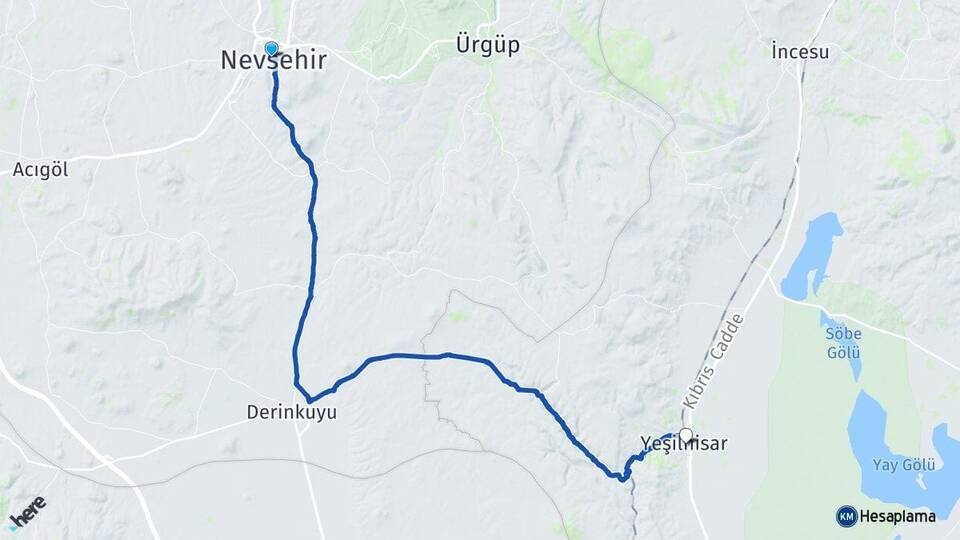 Nevşehir Yeşilhisar Kayseri Arası Kaç Km - Yol Haritası