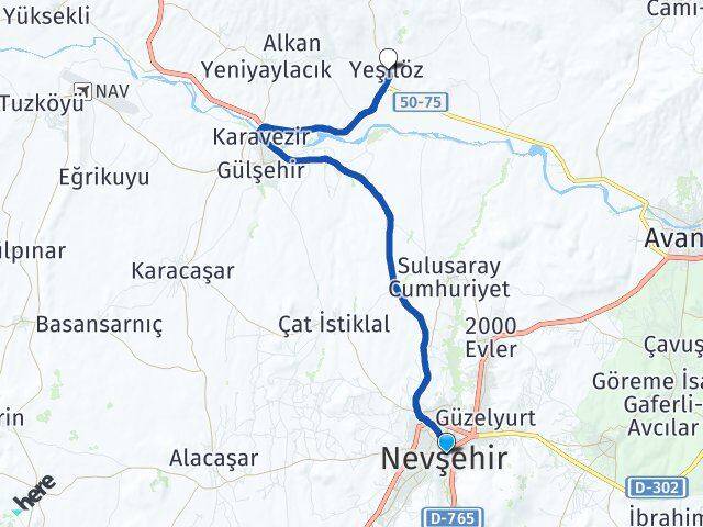 Nevşehir Yeşilöz Gülşehir Arası Kaç Km - Yol Haritası