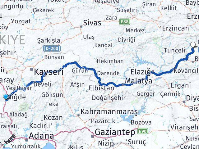 Niğde Adaklı Bingöl Arası Kaç Km - Yol Haritası