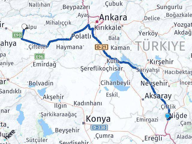 Niğde Alpu Eskişehir Arası Kaç Km - Yol Haritası