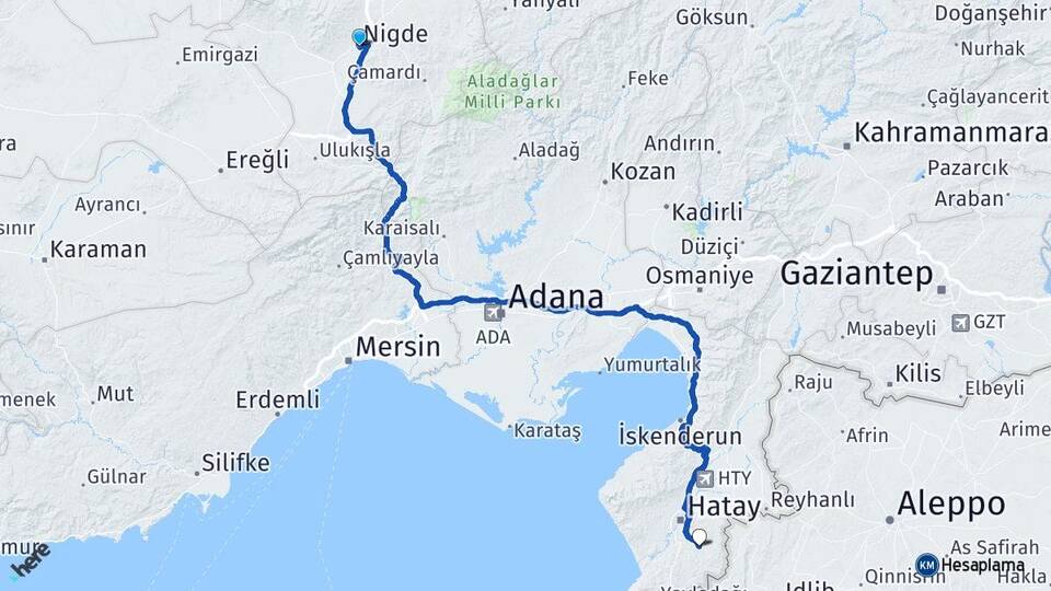 Niğde Altınözü Hatay Arası Kaç Km - Yol Haritası