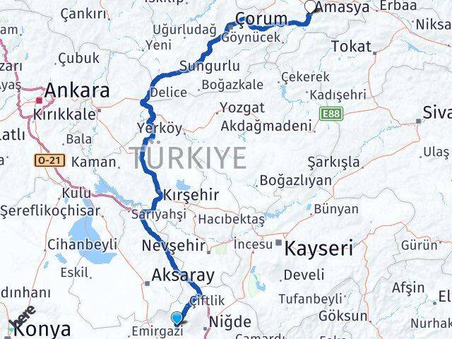 Niğde Altunhisar Amasya Arası Kaç Km - Yol Haritası