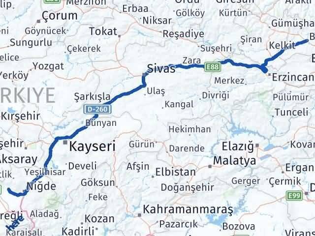 Niğde Altunhisar Bayburt Arası Kaç Km - Yol Haritası