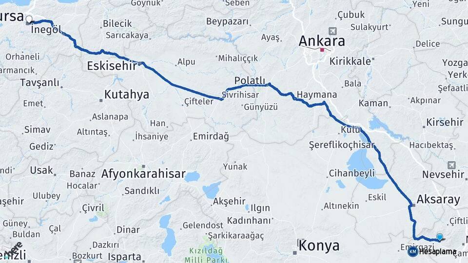Niğde Altunhisar Bursa Arası Kaç Km - Yol Haritası
