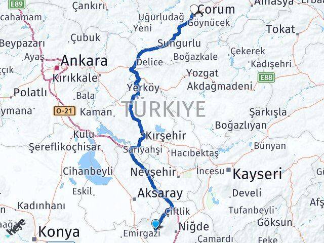 Niğde Altunhisar Çorum Arası Kaç Km - Yol Haritası