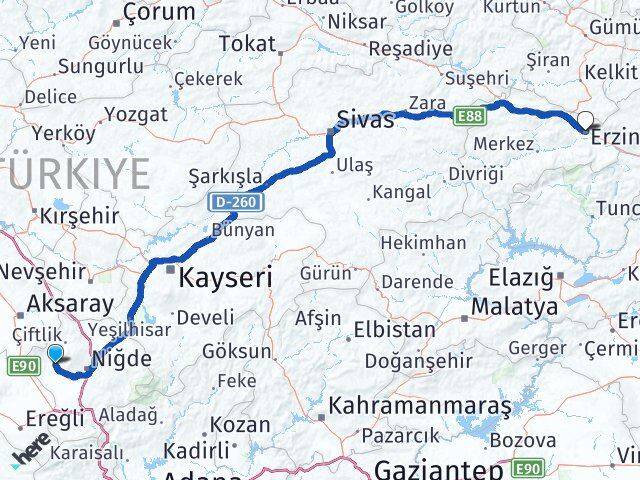 Niğde Altunhisar Erzincan Arası Kaç Km - Yol Haritası