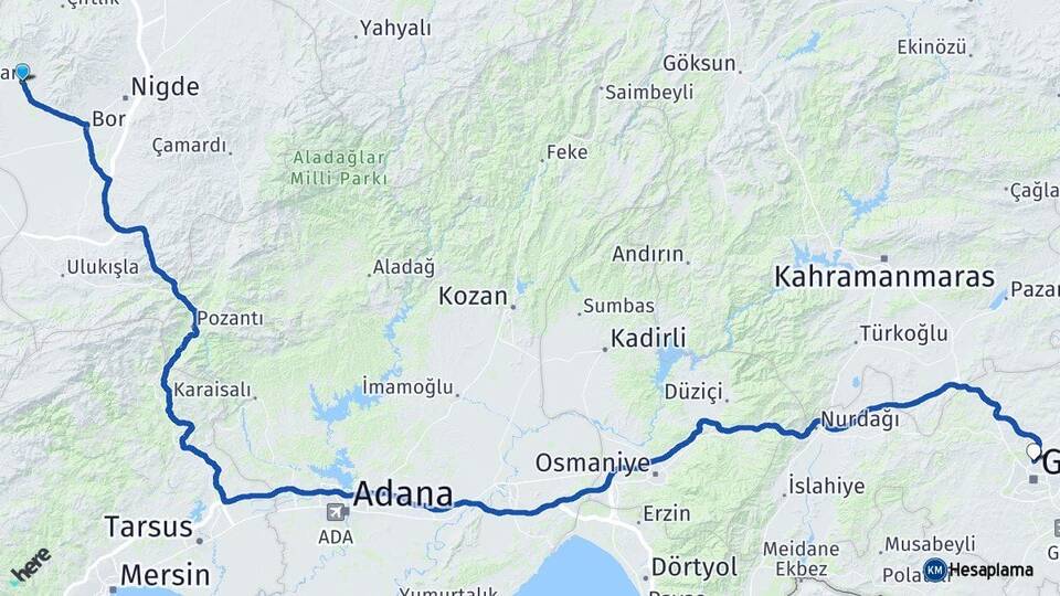 Niğde Altunhisar Gaziantep Arası Kaç Km - Yol Haritası