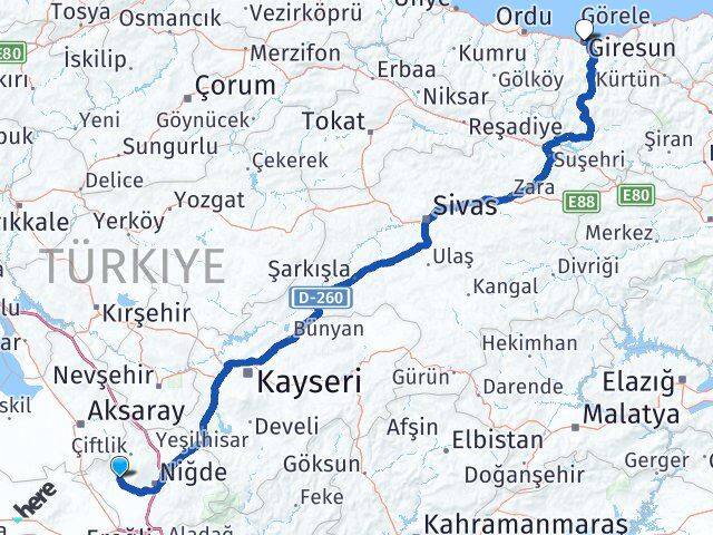 Niğde Altunhisar Giresun Arası Kaç Km - Yol Haritası