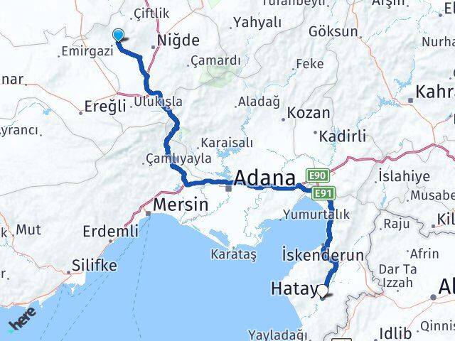 Niğde Altunhisar Hatay Arası Kaç Km - Yol Haritası
