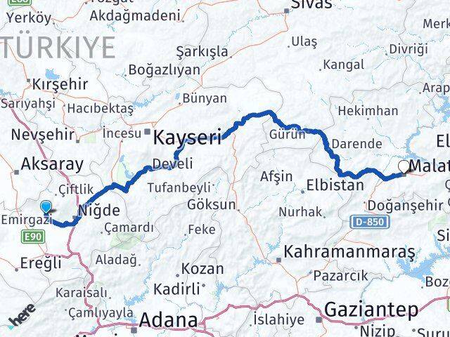 Niğde Altunhisar Malatya Arası Kaç Km - Yol Haritası