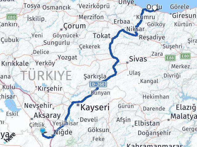 Niğde Altunhisar Ordu Arası Kaç Km - Yol Haritası
