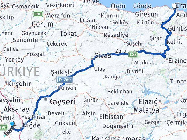 Niğde Altunhisar Trabzon Arası Kaç Km - Yol Haritası