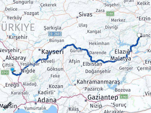 Niğde Altunhisar Tunceli Arası Kaç Km - Yol Haritası