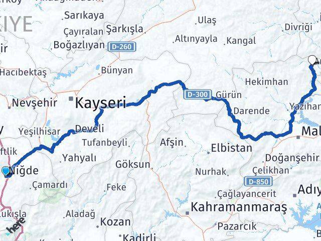 Niğde Arapgir Malatya Arası Kaç Km - Yol Haritası