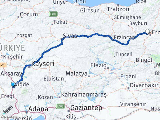Niğde Aziziye Erzurum Arası Kaç Km - Yol Haritası