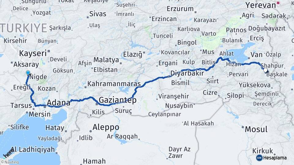 Niğde Başkale Van Arası Kaç Km - Yol Haritası