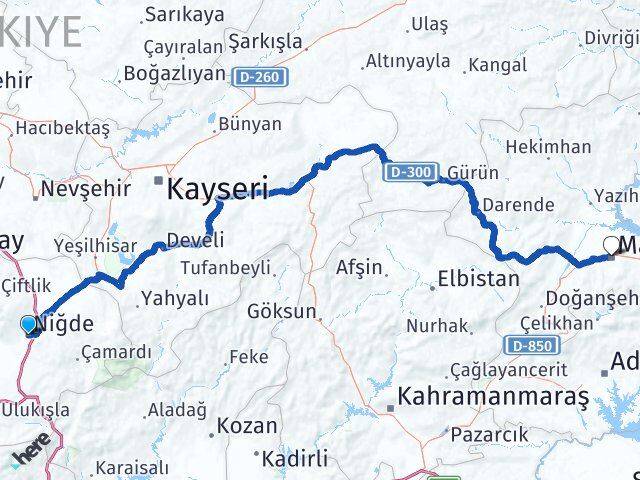 Niğde Battalgazi Malatya Arası Kaç Km - Yol Haritası