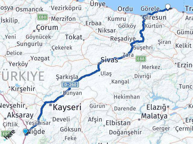 Niğde Beşikdüzü Trabzon Arası Kaç Km - Yol Haritası