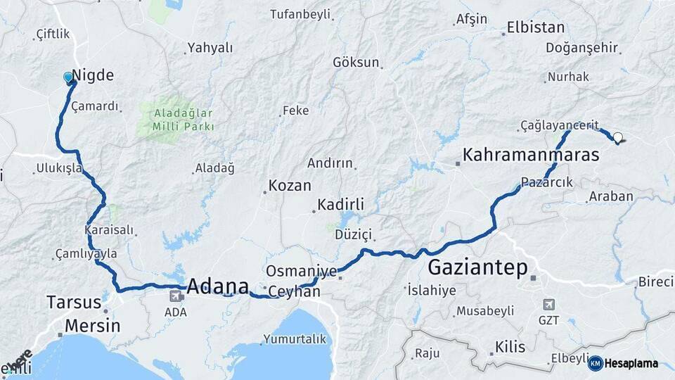 Niğde Besni Adıyaman Arası Kaç Km - Yol Haritası