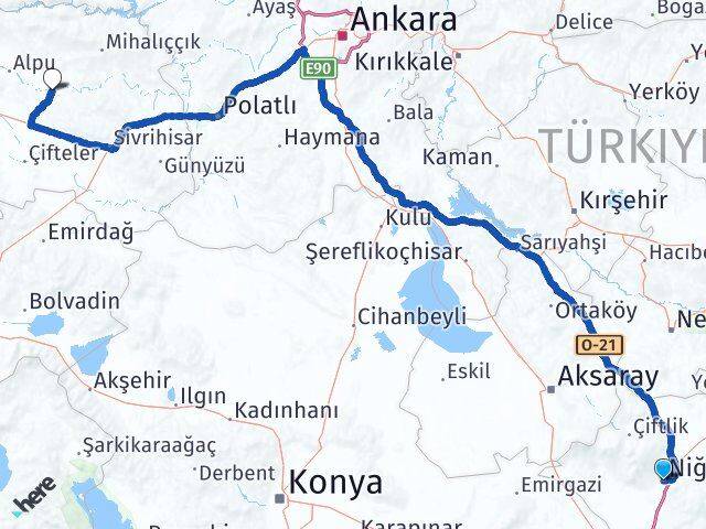 Niğde Beylikova Eskişehir Arası Kaç Km - Yol Haritası