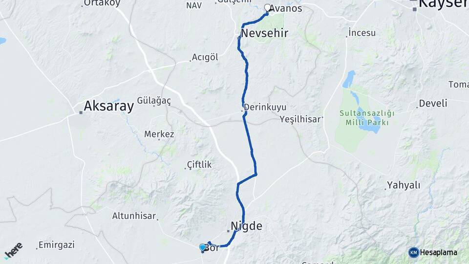 Niğde Bor Avanos Nevşehir Arası Kaç Km - Yol Haritası