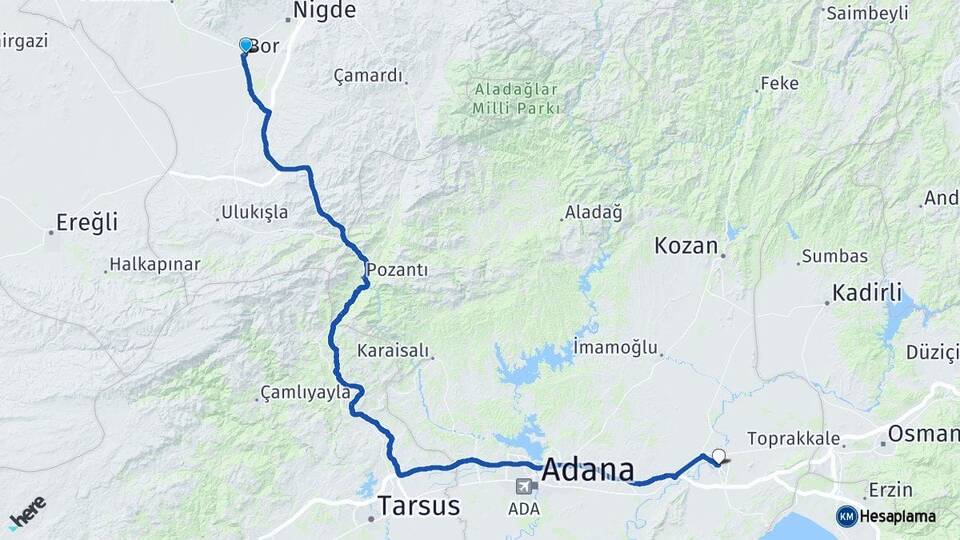 Niğde Bor Ceyhan Adana Arası Kaç Km - Yol Haritası