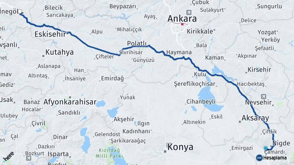 Niğde Bor İnegöl Bursa Arası Kaç Km - Yol Haritası