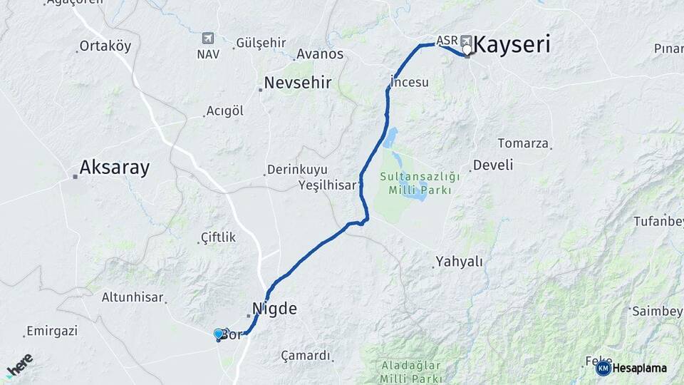 Niğde Bor Kayseri Arası Kaç Km - Yol Haritası