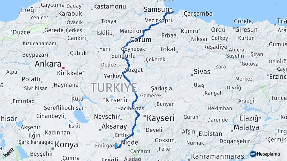 Niğde Bor Samsun Arası Kaç Km - Yol Haritası
