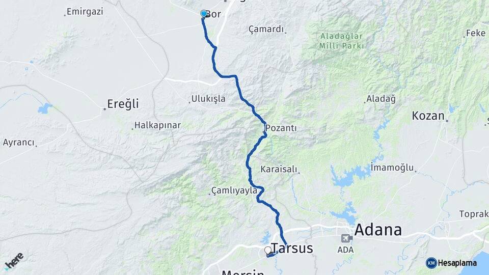 Niğde Bor Tarsus Mersin Arası Kaç Km - Yol Haritası