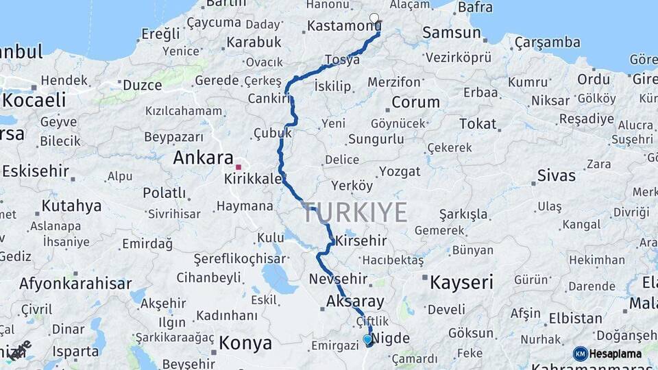Niğde Boyabat Sinop Arası Kaç Km - Yol Haritası