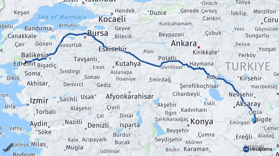 Niğde Burhaniye Balıkesir Arası Kaç Km - Yol Haritası
