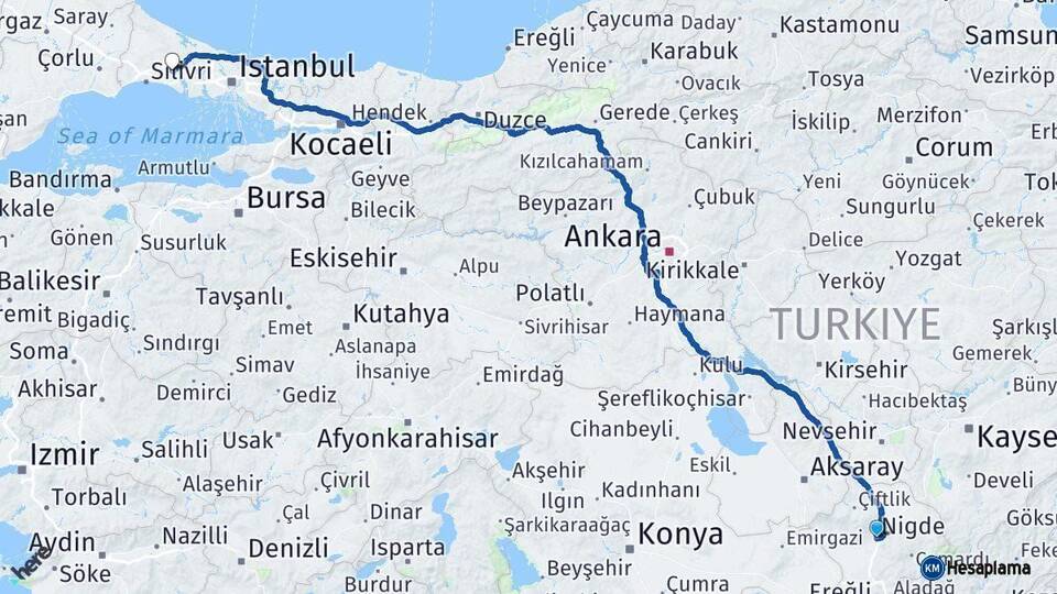 Niğde Çatalca İstanbul Arası Kaç Km - Yol Haritası