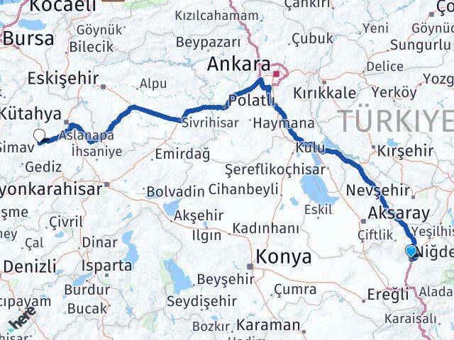 Niğde Çavdarhisar Kütahya Arası Kaç Km - Yol Haritası