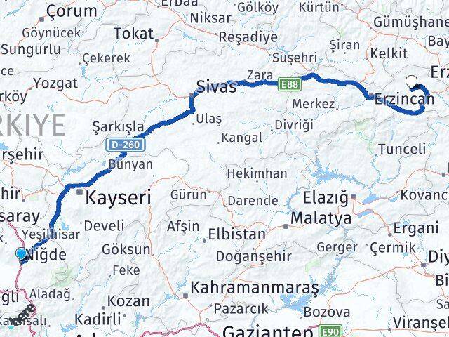 Niğde Çayırlı Erzincan Arası Kaç Km - Yol Haritası