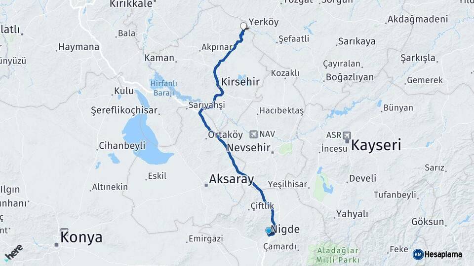 Niğde Çiçekdağı Kırşehir Arası Kaç Km - Yol Haritası