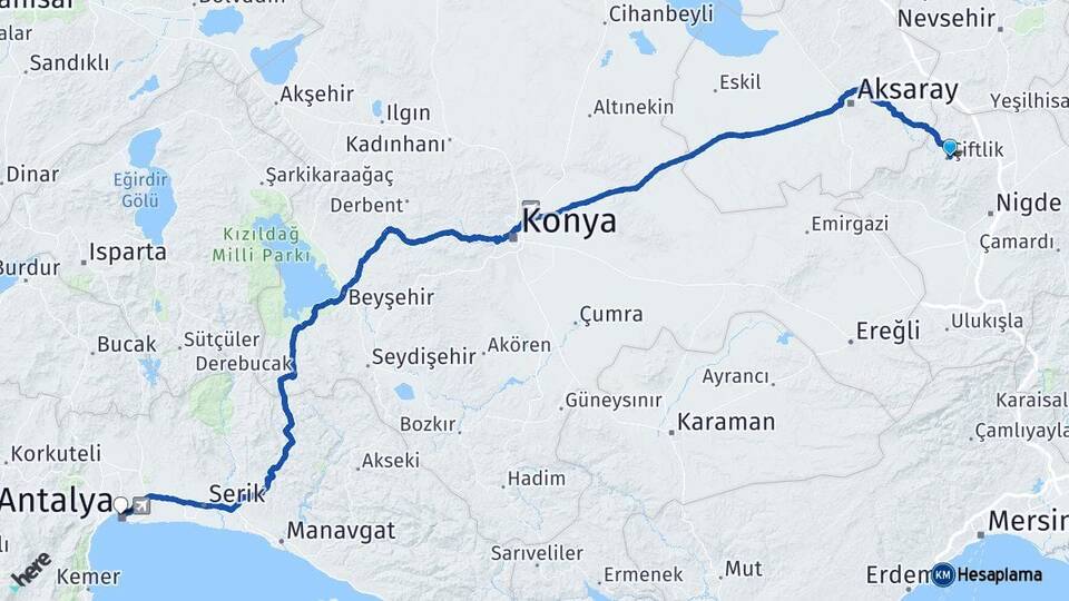 Niğde Çiftlik Antalya Arası Kaç Km - Yol Haritası