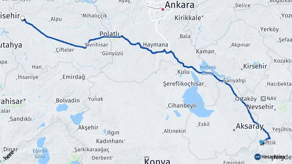 Niğde Çiftlik Eskişehir Arası Kaç Km - Yol Haritası
