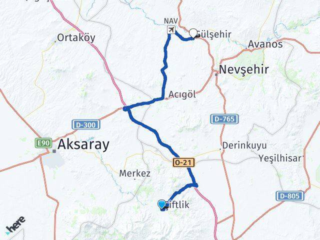 Niğde Çiftlik Gülşehir Nevşehir Arası Kaç Km - Yol Haritası