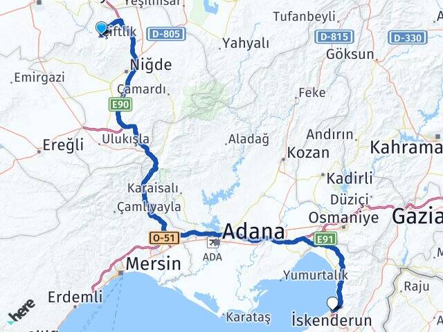 Niğde Çiftlik İskenderun Hatay Arası Kaç Km - Yol Haritası